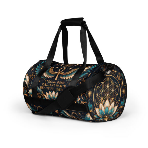 all-over-print-gym-bag-white-left-front-6ae36654b4b93.jpg Celestial Wing Frequency – Strength & Radiance Gym Bag | Spiritual Affirmation Workout & Travel Duffel Bag