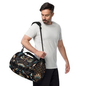 all-over-print-gym-bag-white-left-front-6ae36654b5119.jpg Celestial Wing Frequency – Strength & Radiance Gym Bag | Spiritual Affirmation Workout & Travel Duffel Bag